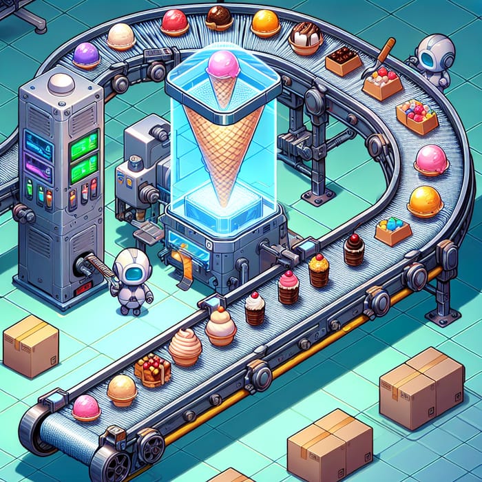 Anime Style Ice Cream Factory with Robotic Conveyors