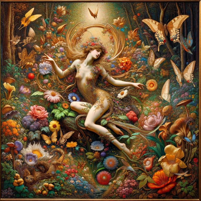 Enchanting Forest Nymph in Golden Klimt Style with Vibrant Flora and Fauna