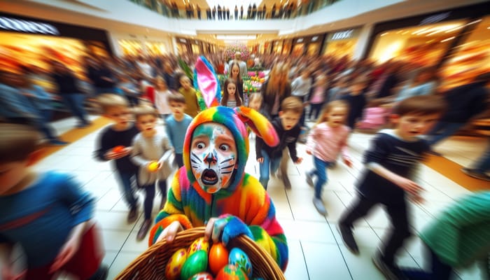 Impressionistic Scene: Young Boy in Rabbit Costume Hunt for Easter Egg