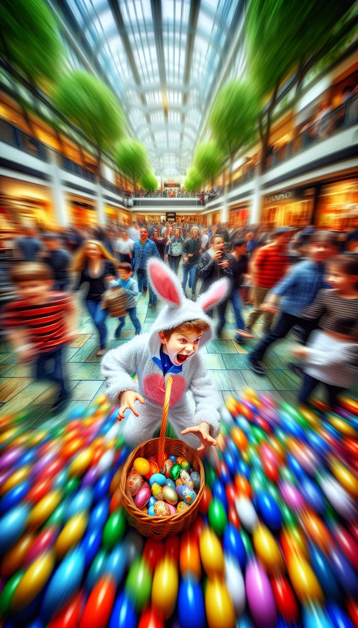 Vibrant Spring Easter Hunt: Boy in Bunny Costume at Shopping Center