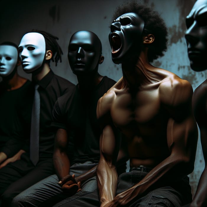 Men in Mask: Expressive Emotions in Dark Room, Expressionist Style