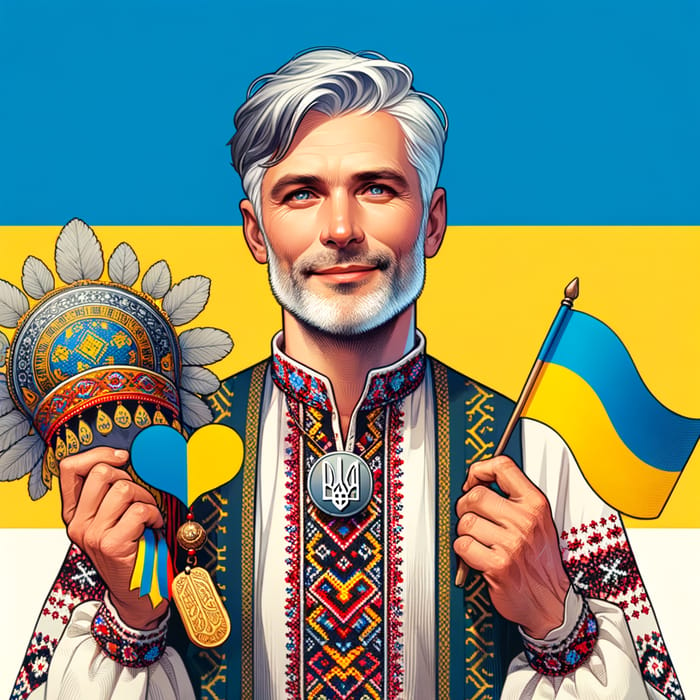 Painted Trump with Ukrainian Symbols on Yellow-Blue Flag