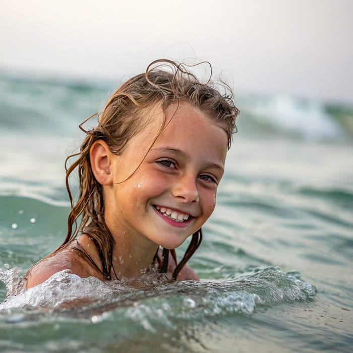 Young Girl Smiling Coming Out of the Sea