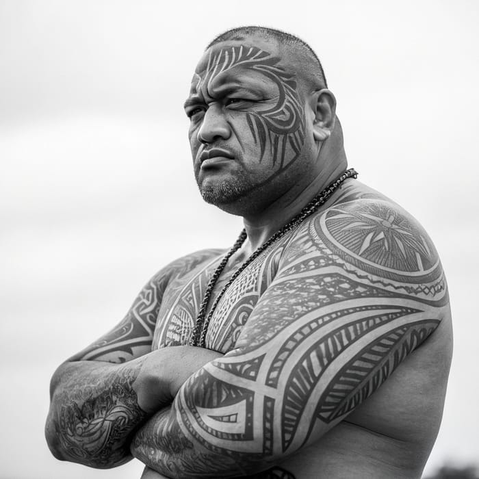 Muscled Maori with Taamoko - A Cultural Tribute