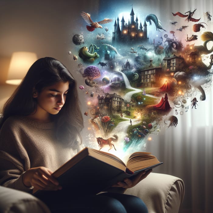 Enchanting Aura: Teenager Enthralled by Mystical Book Imagery