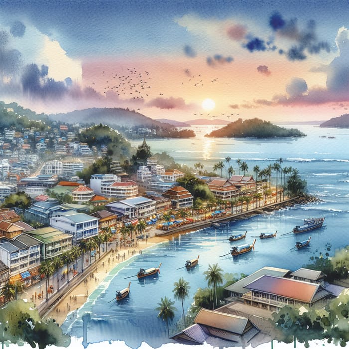 Phuket Watercolor Painting: Serene Sea, Long-tail Boats & Colorful Streets