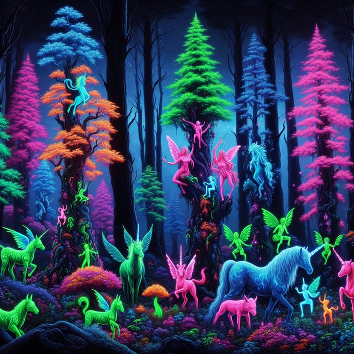 Midnight Mythical Forest: Neon Fantasy Creatures