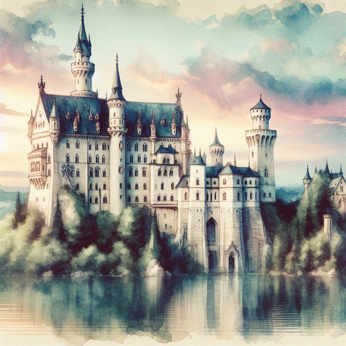 Enchanting Watercolor Fantasy Castle with Serene Lake View