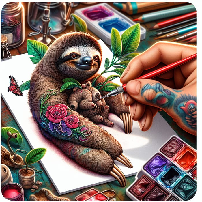 Tranquil Sloth Tattoo Artist: Vibrant Watercolor & Ink Masterpiece in Cozy Studio