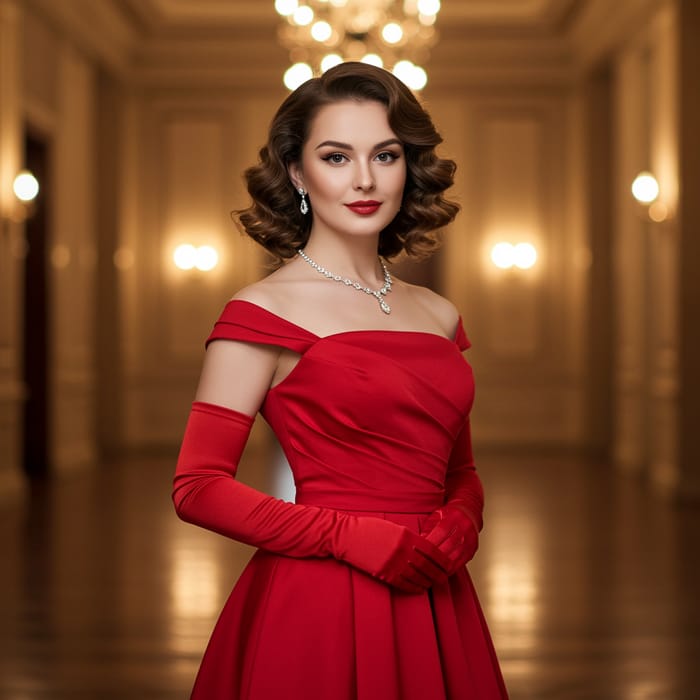 Elegant Woman in Red Dress and Gloves