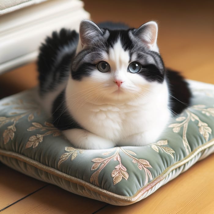 Adorable Black and White Patched Cat on Cozy Velvet Pillow