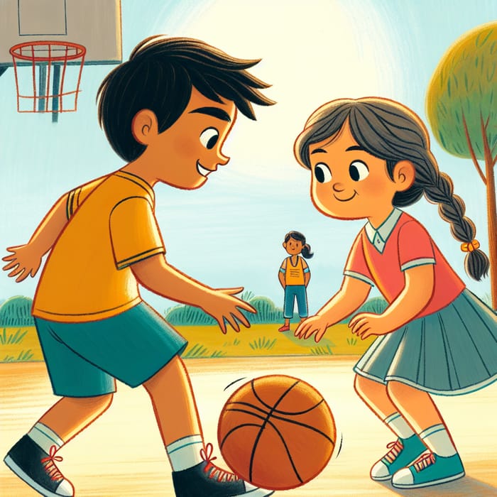 Children's Basketball Illustration: Boy and Girl Playing, Fun Drawing