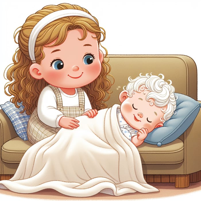 Joyful Sister with Sleeping Baby Boy in Cozy Scene