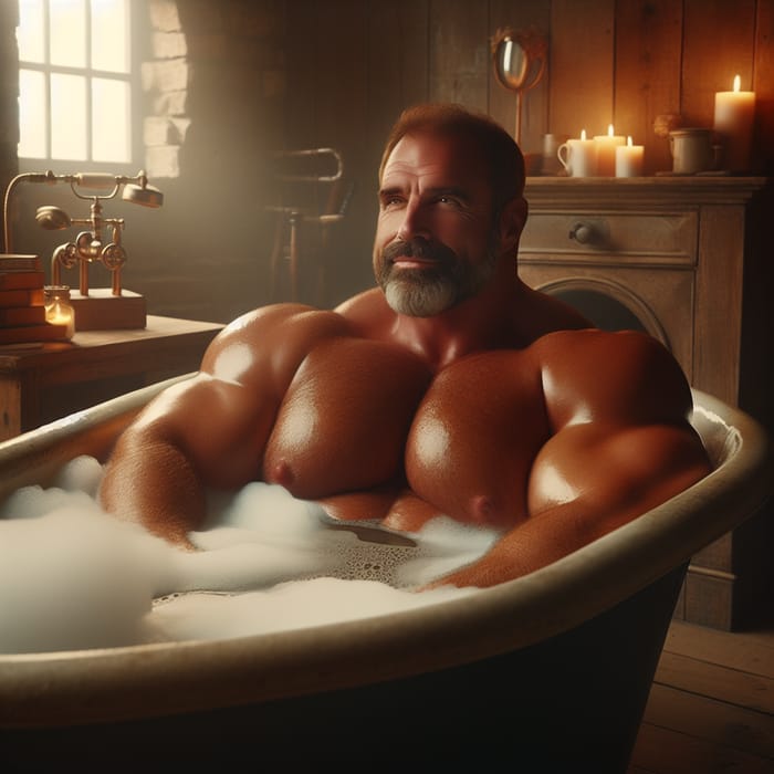 Big Chest, Handsome Mature Man Enjoying Bath in Vintage Tub