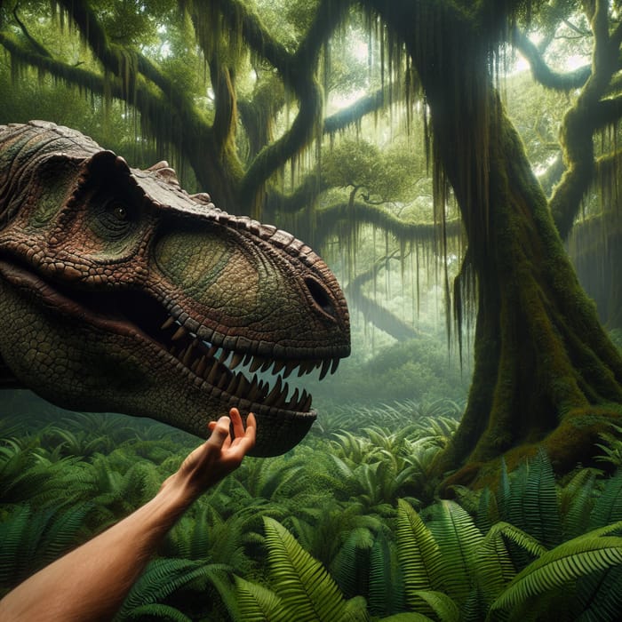 Tyrannosaurus Rex Receiving a Gentle Pet in Lush Prehistoric Scene