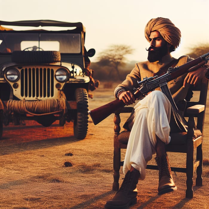 Indian Rajput Man with Rifle and Jeep