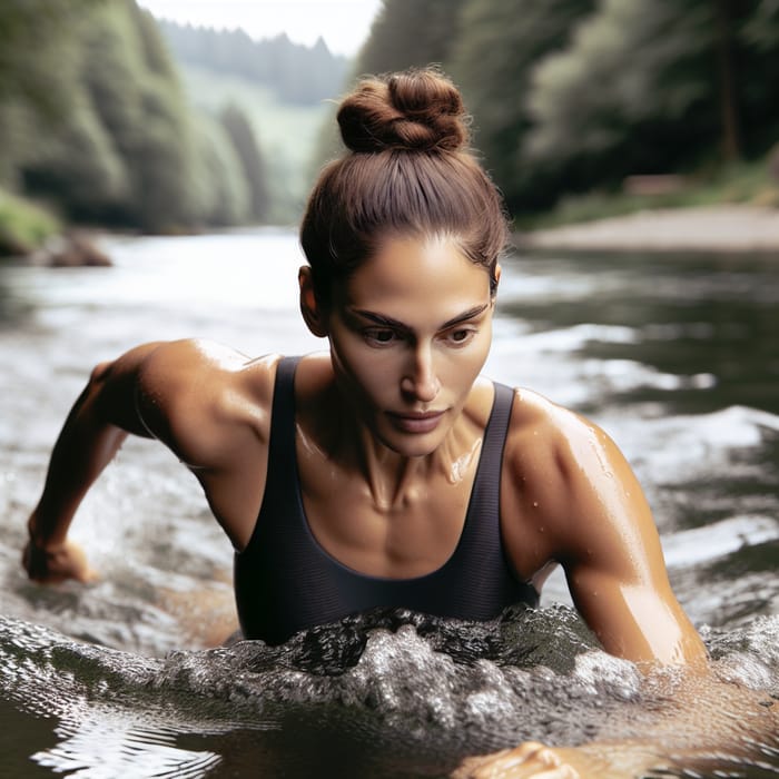 Female Teacher Leading Swim Class Upstream - River Determination