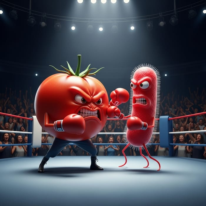 Angry Tomato vs Bacteria: Epic Boxing Battle Scene Angry Tomato vs Bacteria: Epic Boxing Battle Scene