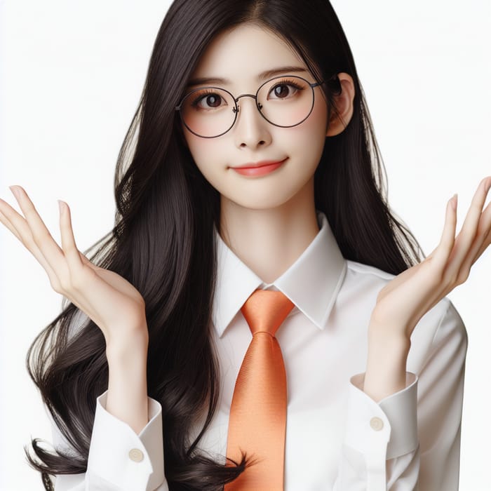 Asian Woman in White Shirt, Black Hair & Orange Tie