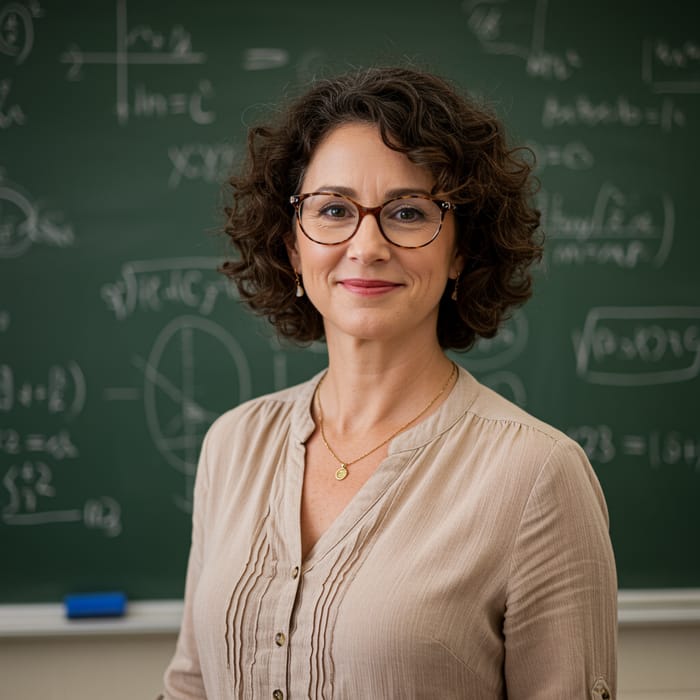 Stylish Mid-Aged Teacher with Curly Hair and Glasses