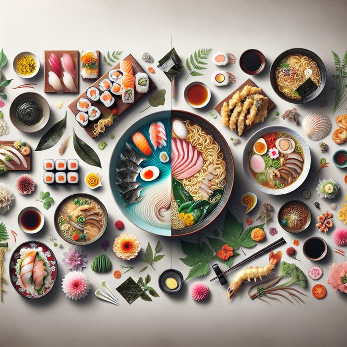 Japanese Flavors: Sushi, Ramen & Tempura in One Stunning Image