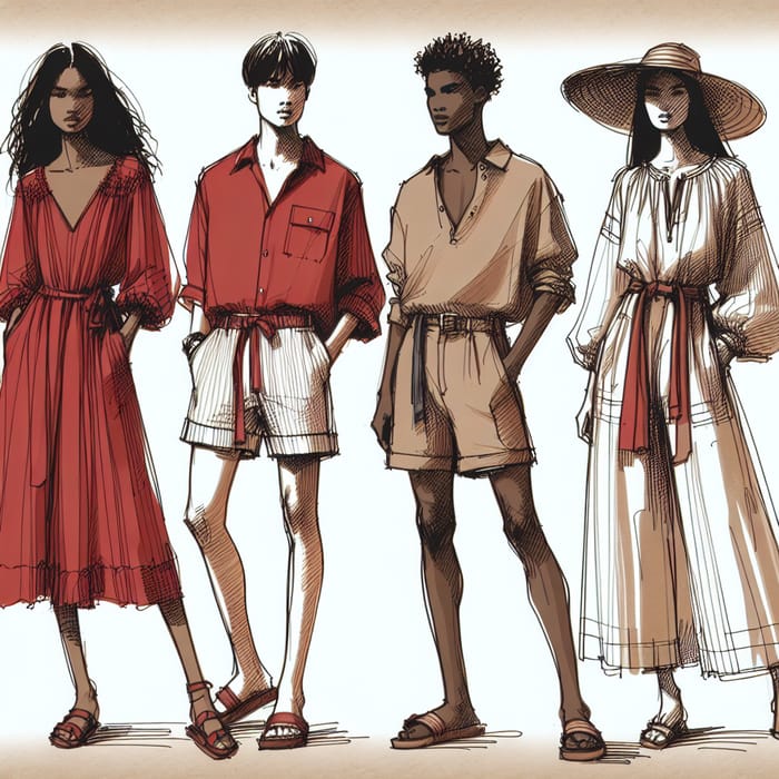 Relaxed Cool Summer Fashion Design Sketch in Red, Brown & Beige