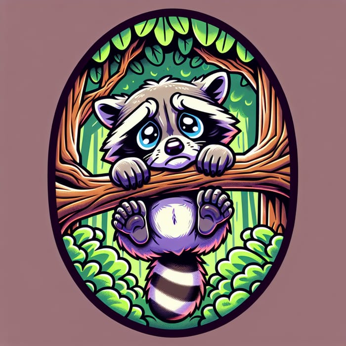 Sad Raccoon Hanging Upside Down in a Tree Cartoon