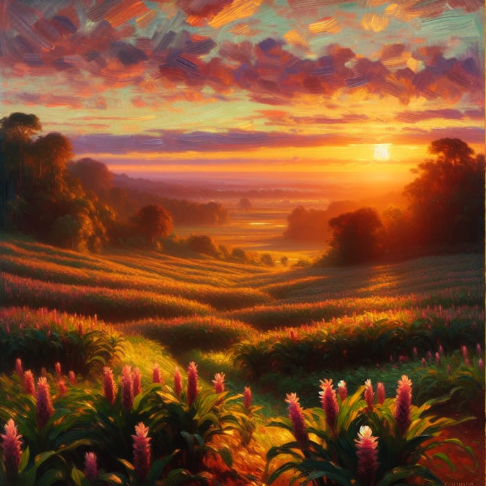 Vibrant Ginger Fields at Sunrise: Impressionist Beauty