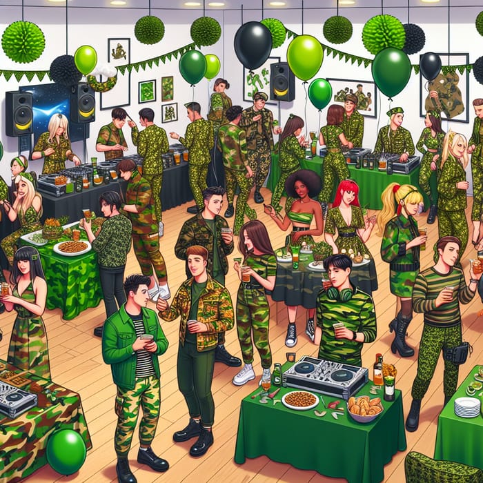 Vibrant Camouflage Party with Diverse Partygoers