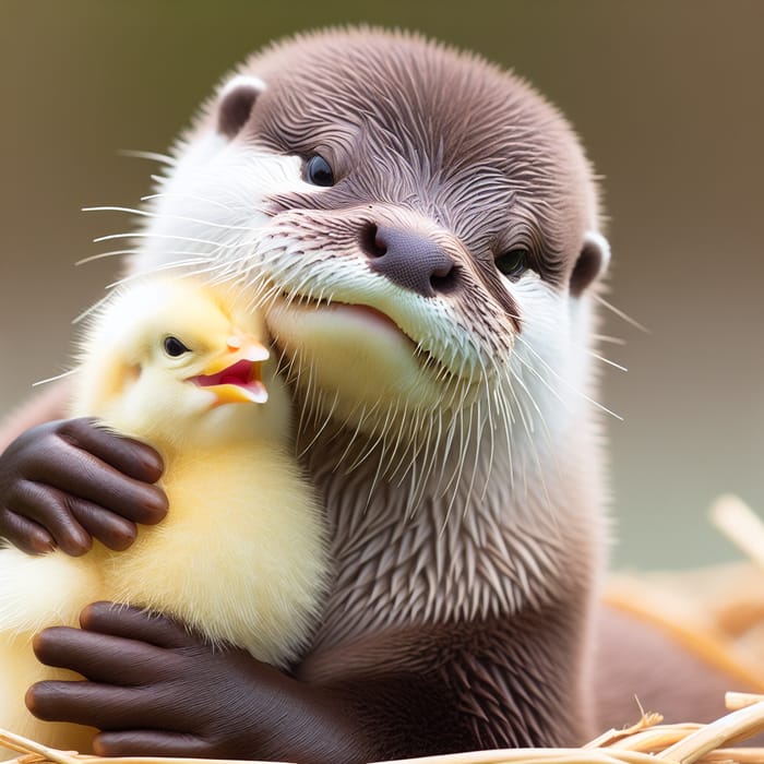 Baby Chick and Otter Embracing - Cute Animal Friendship