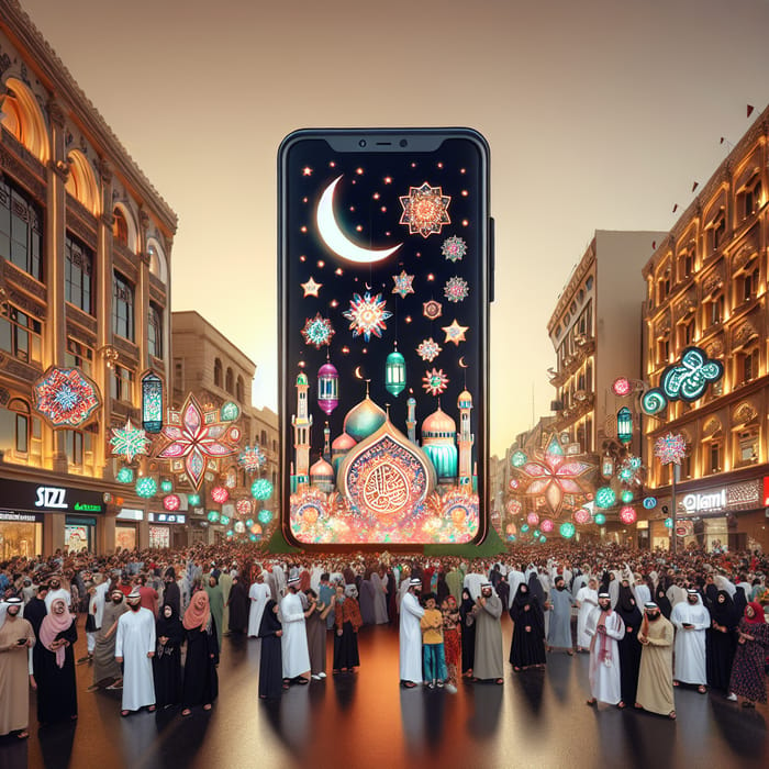 Festive Street Scene with Giant Mobile Phone for Eid al-Fitr