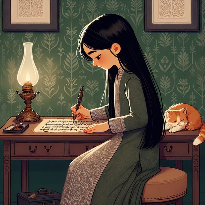 Animated Girl Practicing Calligraphy Art