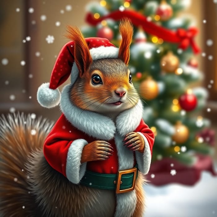 Festive Squirrel in Santa Outfit - Christmas Cheer