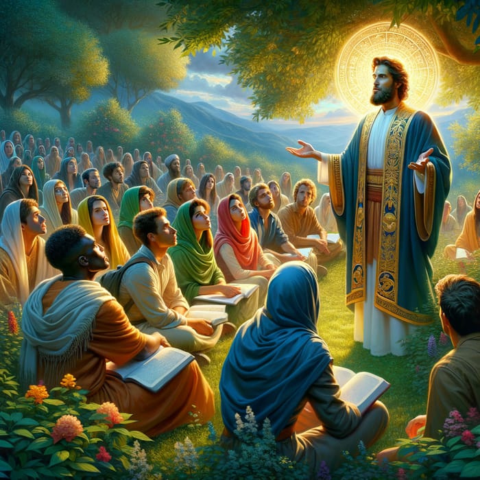 Jesus Christ Teaching Multicultural Audience in Garden