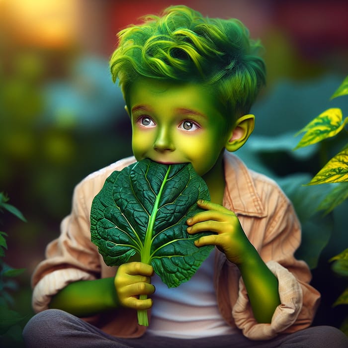 Young Boy with Green Hair Eating Leaf - Nature's Bounty Snack