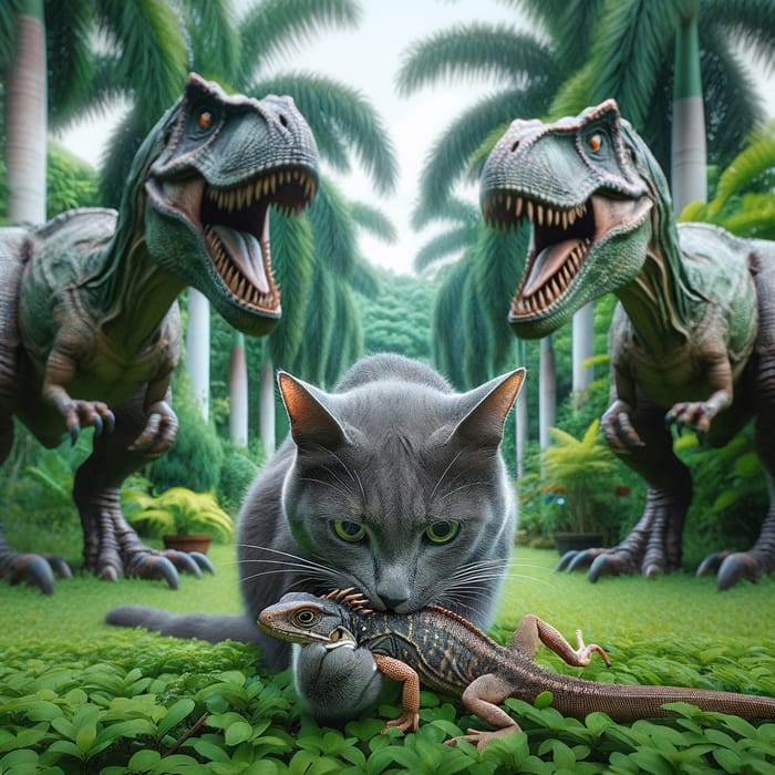 Gray Cat Primal Instincts in Jurassic Garden Scene