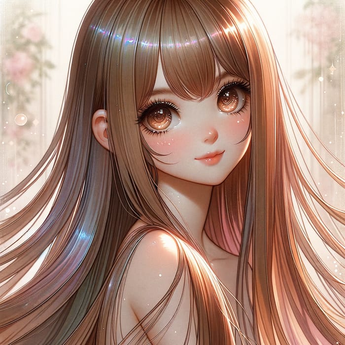 Enchanting Anime-Style Illustration of Young Girl with Lustrous Light Brown Hair