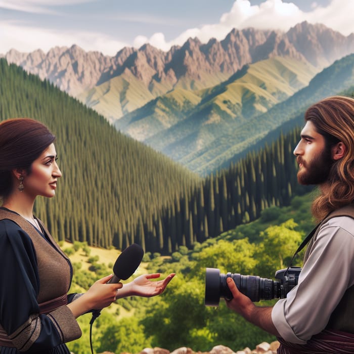 Kurdish Journalist in Traditional Attire Interviewing in Mountainous Scenery