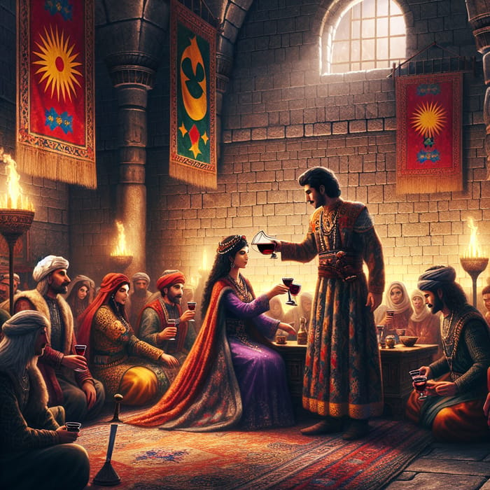 Medieval Kurdish Palace Scene: Woman Pouring Wine in Traditional Attire