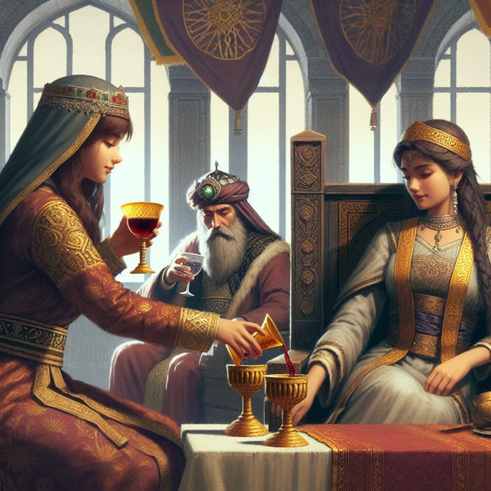 Medieval Kurdish Palace: Women in Traditional Attire Serving Wine to King