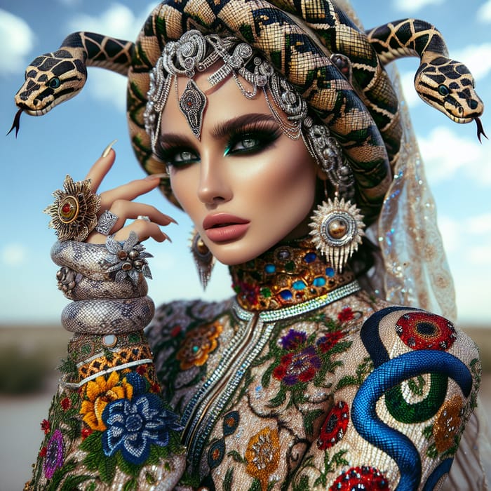 Enchanting Medusa-Like Woman in Kurdish-Inspired Dress