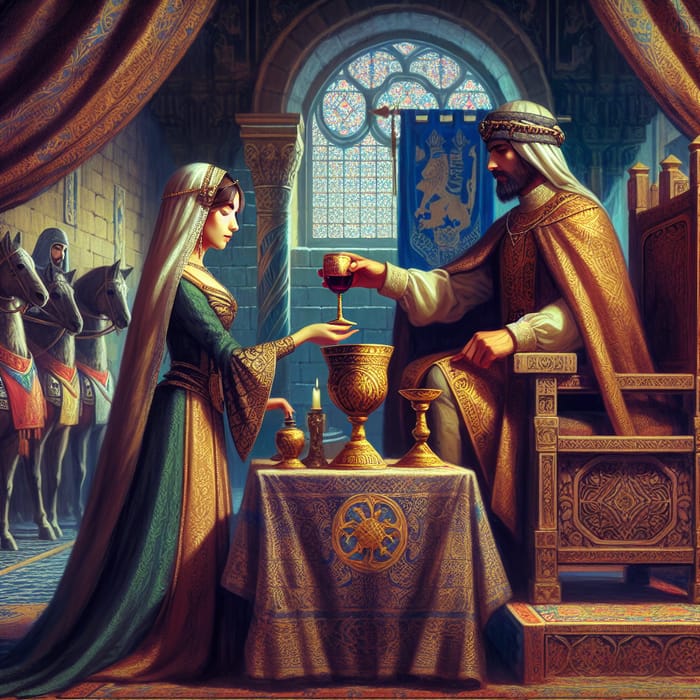 Medieval Princess Filling Wine Goblet for Sultan in a Palace