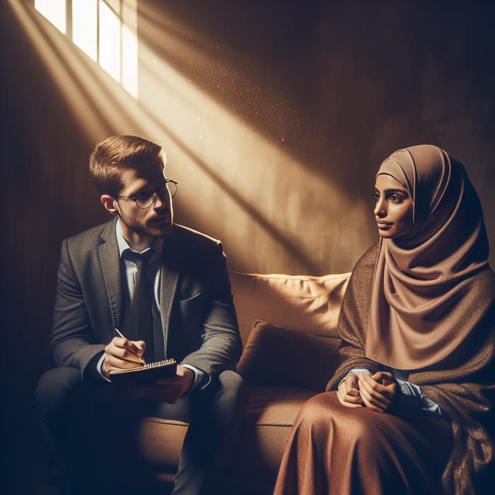 Psychologist Providing Psychological Support to Journalist in Dim Room