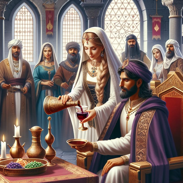 Medieval Palace Princess Pouring Wine for Middle-Eastern Prince