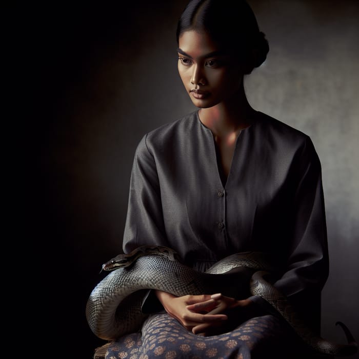 Calm Woman with Snake in Dim Lighting