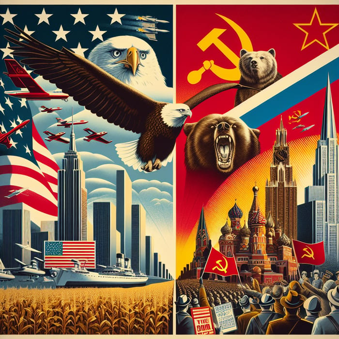 Cold War Era Superpowers Face Off: Iconic Symbols Collage