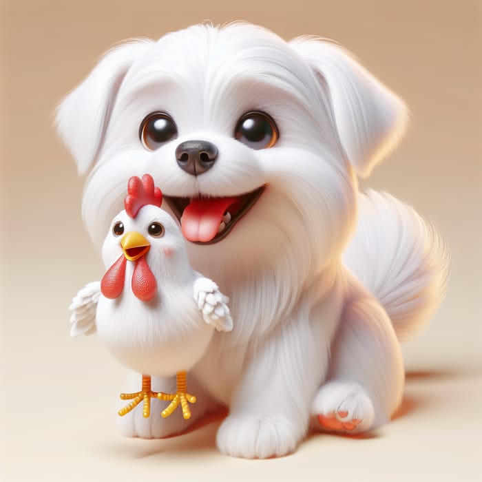 3D Silky White Dog Holding Toy Chicken - 8K Image