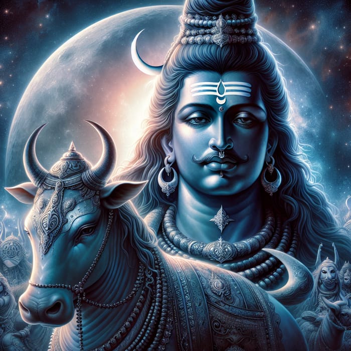 Lord Shiva Seated on Nandi with Crescent Moon Head