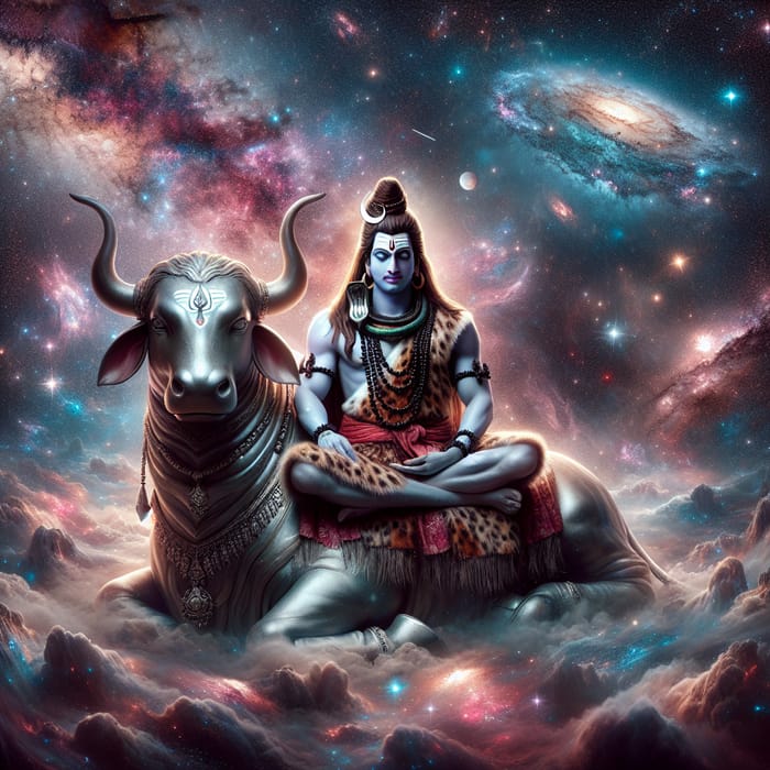 Lord Shiva Sitting on Nandi in Majestic Cosmic Ambiance