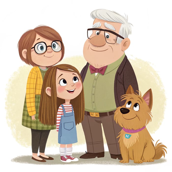 Pixar Style Family of Four with Yorkshire Terrier